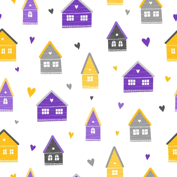 Seamless Pattern Simple Doodle Colorful Scandinavian Houses — 스톡 벡터