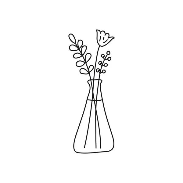 Doodle Outline Bouquet Wild Flowers Glass Vase Isolated White Background — Stock Vector