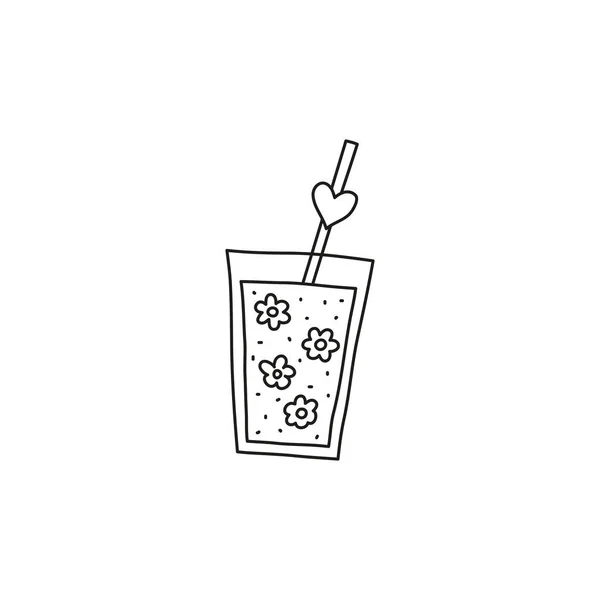 Doodle Outline Drankje Glas Met Bloemen Stro Geïsoleerd Witte Achtergrond — Stockvector