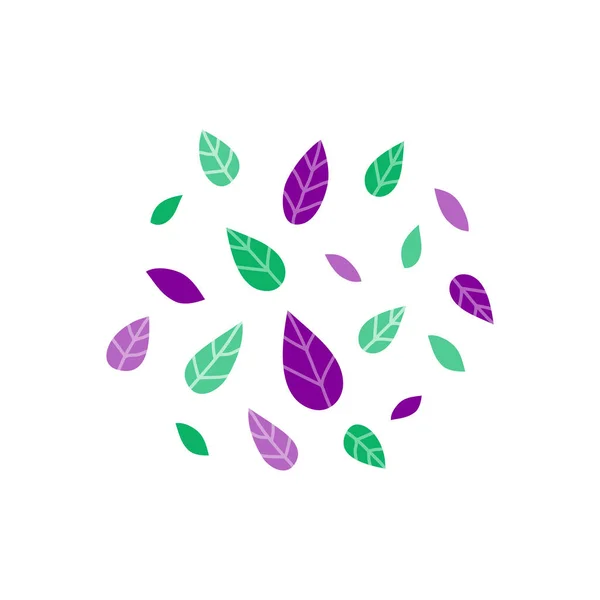 Groupe Feuilles Simples Doodle Dans Des Couleurs Vertes Violettes Isolées — Image vectorielle