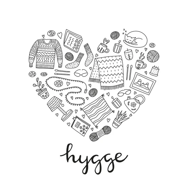 Doodle Outline Hygge Iconen Scandinavische Stijl Gecomponeerd Hartvorm Witte Achtergrond — Stockvector