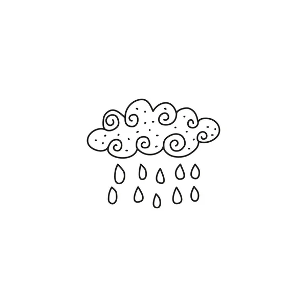 Doodle Contorno Nube Lluviosa Con Remolinos Aislados Sobre Fondo Blanco — Vector de stock