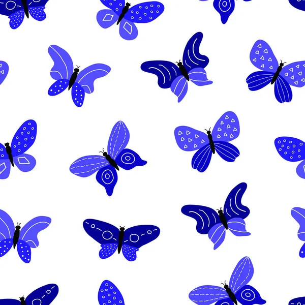 Modèle Sans Couture Avec Des Papillons Doodle Décoratifs Bleus Design — Image vectorielle