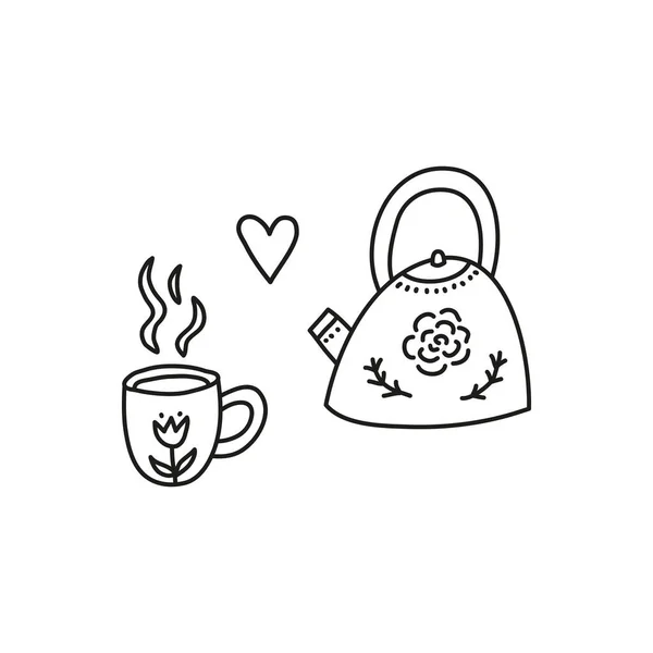 Cute Doodle Outline Teapot Hot Drink Cup Scandinavian Decor Isolated — Stock Vector