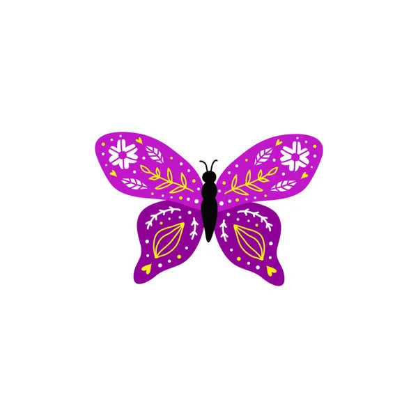 Papillon Doodle Coloré Avec Décor Floral Dans Style Folklorique Scandinave — Image vectorielle