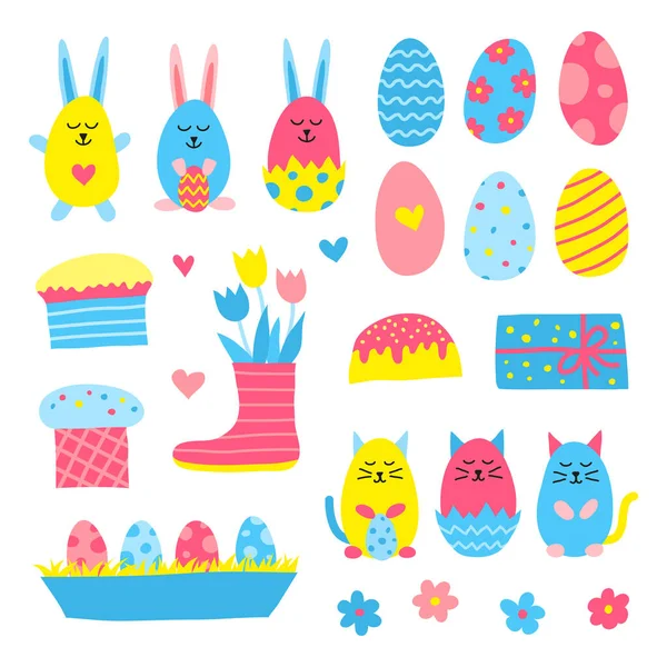 Set Cute Doodle Colorful Easter Icons Isolated White Background — Stock Vector