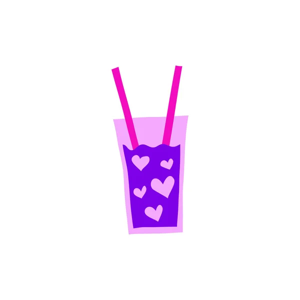 Färgglada Doodle Dryck Glas Med Hjärtan Och Två Sugrör Isolerade — Stock vektor