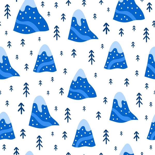 Patrón Sin Costuras Con Doodle Montañas Azules Abetos Estilo Escandinavo — Vector de stock