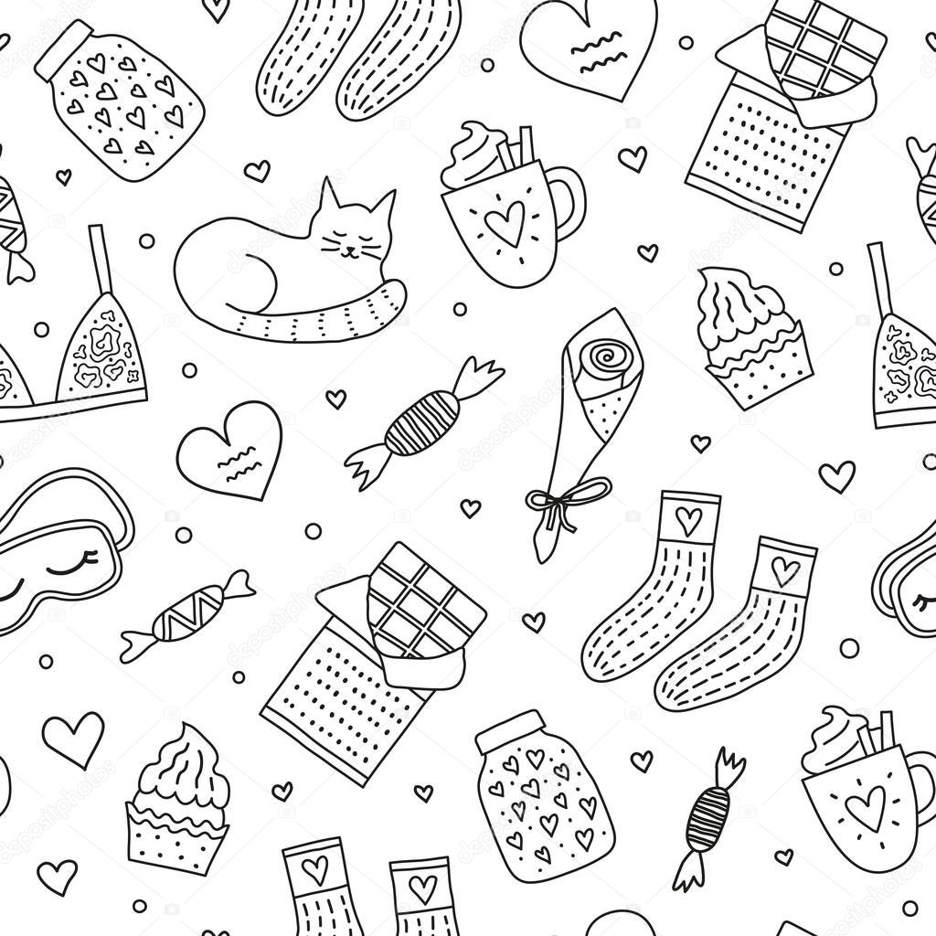 Black and white seamless pattern with cute outline doodles for Hygge Valentine s day.