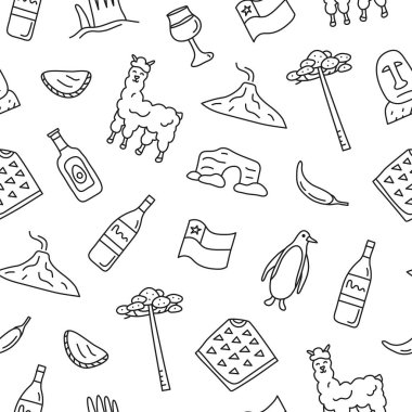 Siyah ve beyaz desenli karalama çizgileri Şili heykelleri, Villarrica volkanı, araucaria ağacı, börekler, penguen, panço, alpaka, avokado yağı, mağara, vs..