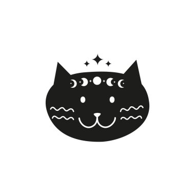 Beyaz arka planda ay evreleri olan kara kedi karakteri. Göksel Ay kedisi. Sihirli evcil hayvan. Gizemli illüstrasyon. Modern bohem tişört baskısı, poster, kart.