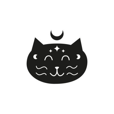 Cadı kara kedi karakteri, ay ışığı, yapraklı dallar, beyaz arka planda izole yıldızlar. Göksel Ay kedisi. Sihirli evcil hayvan. Gizemli illüstrasyon. Modern bohem tişört baskısı, poster, kart.
