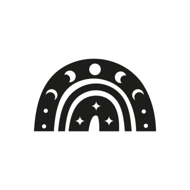 Ay evreleri, noktalar, beyaz arka planda izole edilmiş yıldızlar olan siyah gökkuşağı. Bohem bebek çizimi.