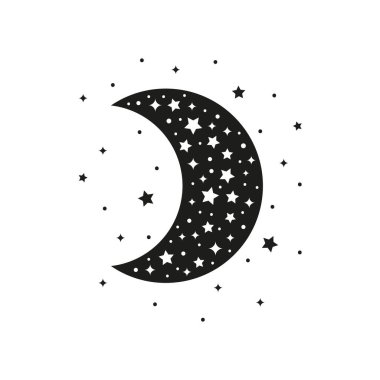 Beyaz arka planda izole edilmiş yıldızlı ve noktalı bohem hilal. Cadı Luna. Simya esrarengiz büyü tılsımı. Mistik sembol.