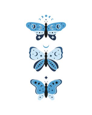 Beyaz arkaplanda el yapımı renkli gökyüzü kelebekli, yıldızlı, hilal ve ay evreli bir poster. Cadı sihirli tılsımları. Mistik illüstrasyon.