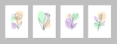 Gri arka planda lekeleri, noktaları ve tek çizgileri olan soyut çağdaş kartlar. Basit moda minimalist posterler.