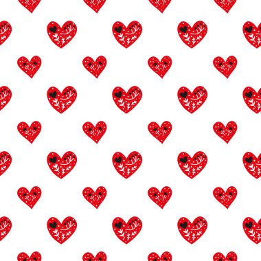 Beyaz, pürüzsüz desenli, karalama kırmızısı kalpler ve İskandinav halk sanatı tarzında İskandinav süsü..