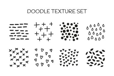 Noktalar, yapraklar, çizgiler, kalpler, haçlar, damlalar, beyaz arkaplanda izole edilmiş keneler.