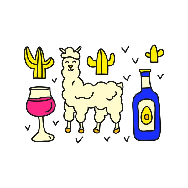 Grupo Doodle Colorido Ícones Chile Incluindo Vinho Vidro Alpaca Óleo —  Vetores de Stock