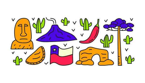 Groep Van Doodle Gekleurde Chili Iconen Waaronder Pasen Eiland Standbeeld — Stockvector