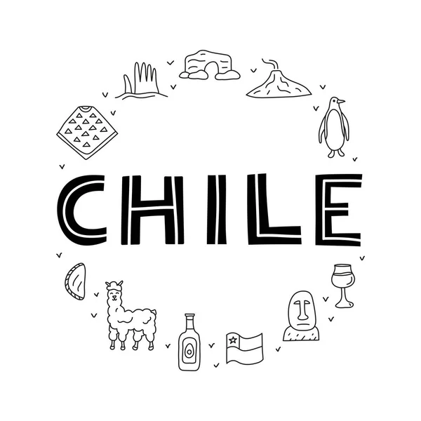 Doodle Esboza Iconos Chile Incluyendo Estatua Isla Pascua Volcán Villarrica — Archivo Imágenes Vectoriales
