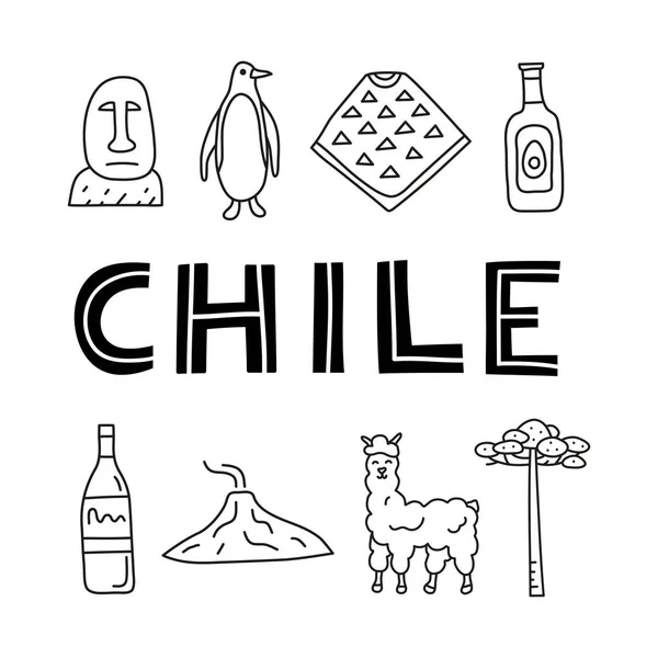 Cartel Con Letras Bosquejo Garabatos Iconos Chile Incluyendo Estatua Isla — Archivo Imágenes Vectoriales