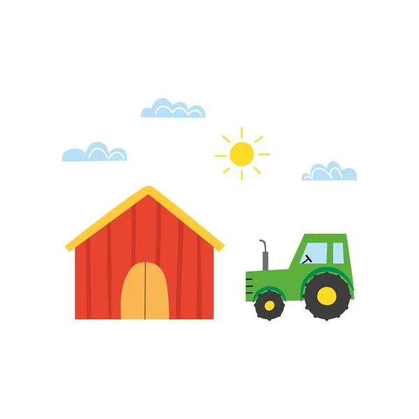 Doodle Colorful Farm Rural Scene Tractor Shed House Clouds Sun — Stock Vector