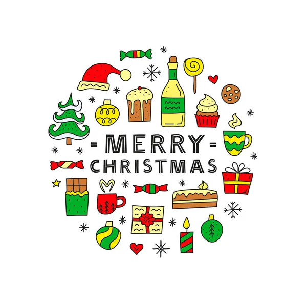 Bonito Doodle Colores Navidad Año Nuevo Iconos Incluyendo Muñeco Nieve — Vector de stock