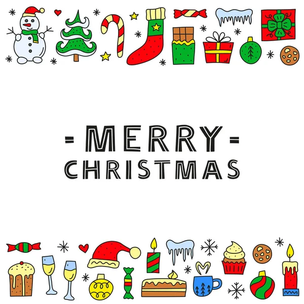 Póster Con Adorables Iconos Navidad Año Nuevo Doodle Incluyendo Muñeco — Vector de stock