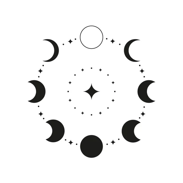 Handgezeichnete Schwarze Himmelsphasen Des Mondes Isoliert Auf Weißem Hintergrund Mondkind — Stockvektor