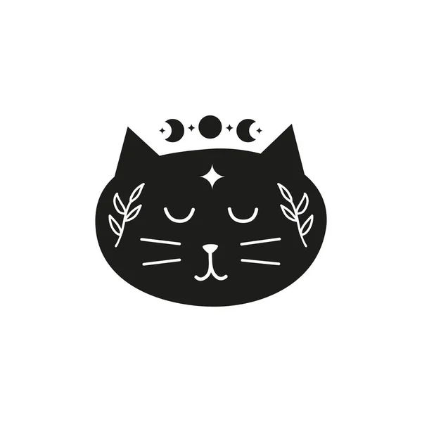 Black Boho Celestial Moon Cat Character Isolated White Background Magic — Stock Vector