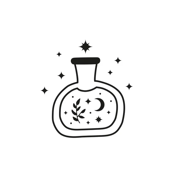 Ручное Черное Волшебное Зелье Стеклянной Бутылке Листовой Веткой Звездами Полумесяцем — стоковый вектор
