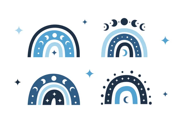 Arco Íris Boho Celestial Azul Com Fases Lua Pontos Crescentes — Vetor de Stock