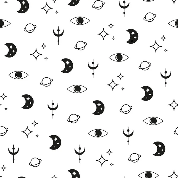 Черно Белый Бесшовный Рисунок Полумесяцем Третьим Глазом Планетой Звездами Современная — стоковый вектор