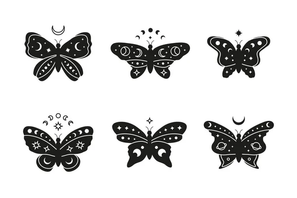 Conjunto Mariposa Celeste Negra Dibujada Mano Con Estrellas Media Luna — Vector de stock