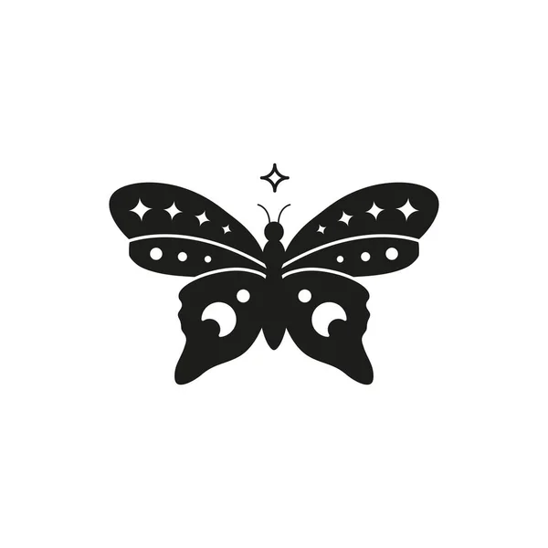 Hand Drawn Black Celestial Butterfly Stars Crescent Moon Isolated White — ストックベクタ