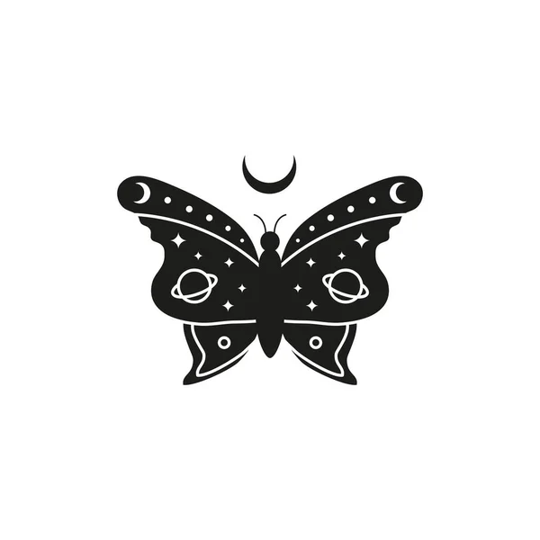 手绘黑色天蝴蝶 行星和月牙 背景为白色 邪恶的魔法护身符神秘的例证 — 图库矢量图片