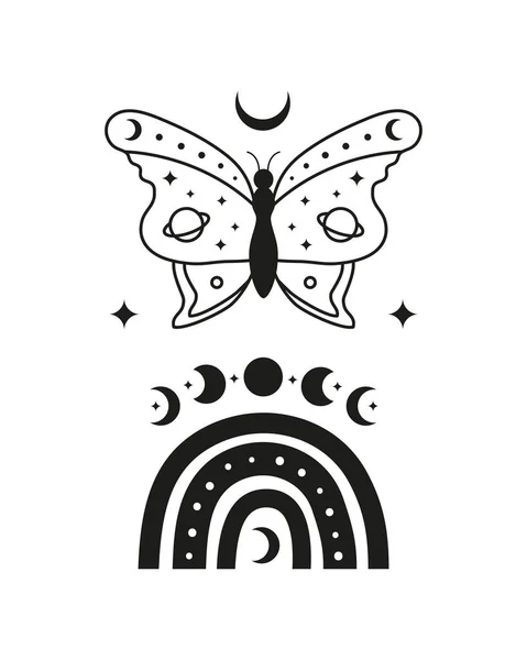 Magic Occult Tarot Card Boho Symbols Butterfly Moon Phases Rainbow — ストックベクタ