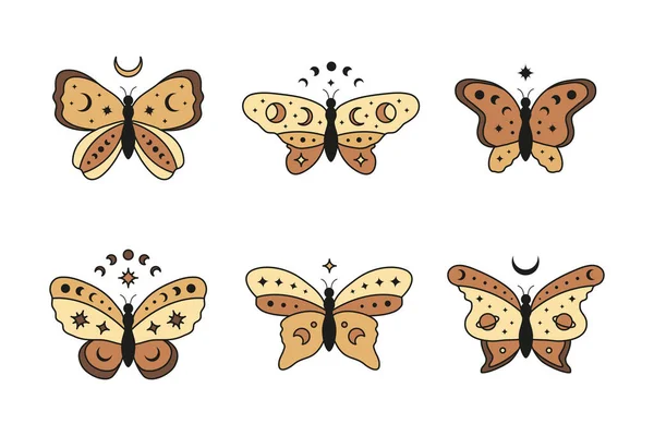 Ensemble Papillon Céleste Coloré Dessiné Main Avec Des Étoiles Des — Image vectorielle