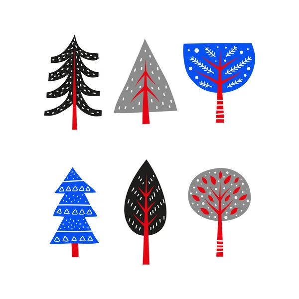 Conjunto Abeto Doodle Pinheiros Árvores Florestais Estilo Minimalista Escandinavo Isolado —  Vetores de Stock