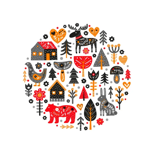 Composição Com Animais Doodle Árvores Casas Flores Cogumelos Ornamentos Nórdicos —  Vetores de Stock