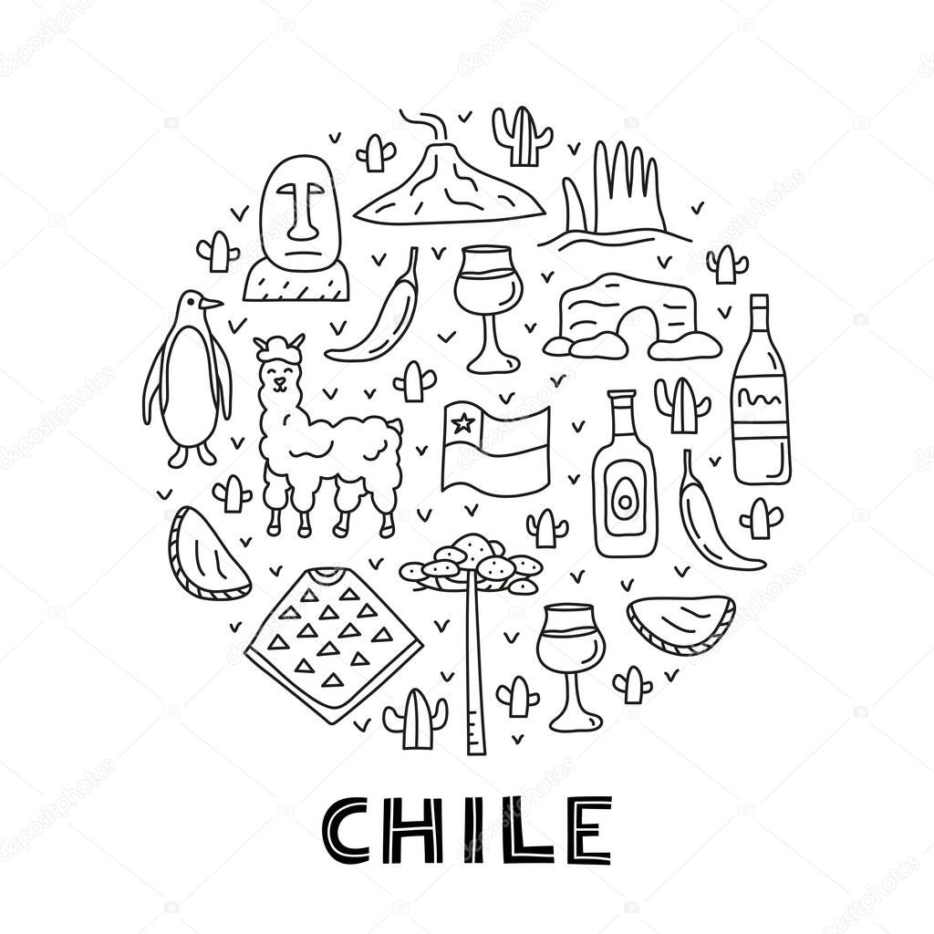 Doodle outline Chile icons including Easter island statue, Villarrica volcano, araucaria tree, empanadas, penguin, poncho, alpaca, avocado oil composed in circle shape.