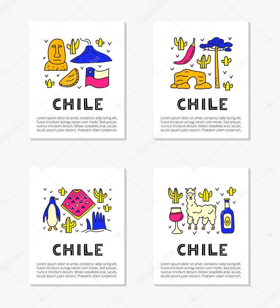 Cards with lettering and doodle colored Chile icons including Easter island statue, Villarrica volcano, araucaria tree, empanadas, penguin, poncho, alpaca, avocado oil isolated on grey background.