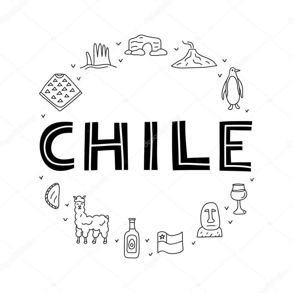 Doodle outline Chile icons including Easter island statue, Villarrica volcano, empanadas, penguin, poncho, alpaca, avocado oil, wine, flag composed in circle shape.