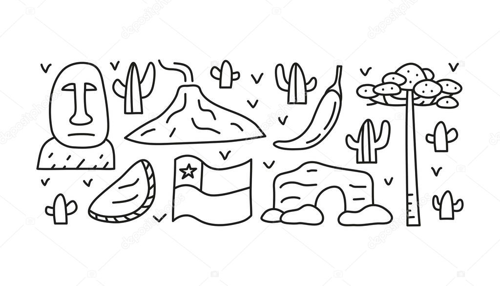 Group of doodle outline Chile icons including Easter island statue, Villarrica volcano, flag, empanadas, chili pepper, araucaria tree, cactuses isolated on white background.
