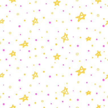Beyaz, pürüzsüz desenli, karalama sarı soyut yıldızlar ve noktalar..