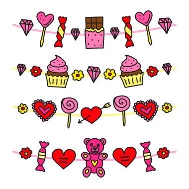 İçinde yiyecek, çiçek, elmas, oyuncak ve şeker olan bir sürü kız rengi çelenk. Sevgililer Günü kartları, posterler, baskılar, afişler için kullanılabilir..