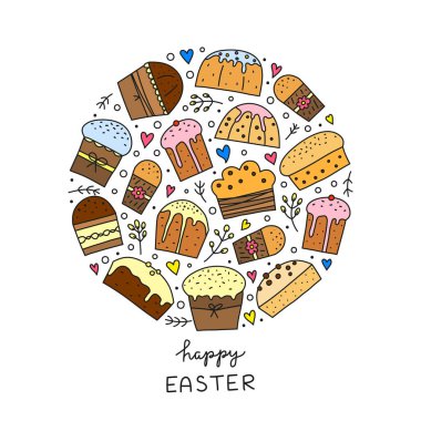Doodle colored Easter kulich cakes or Christmas panettones and pussy willows, hearts composed in circle shape.