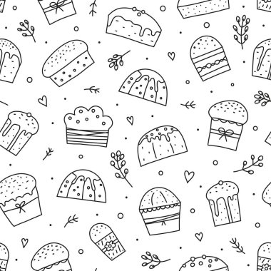Black and white seamless pattern with cute doodle outline Easter kulich cakes or Christmas panettones and pussy willows, hearts, twigs, dots around.