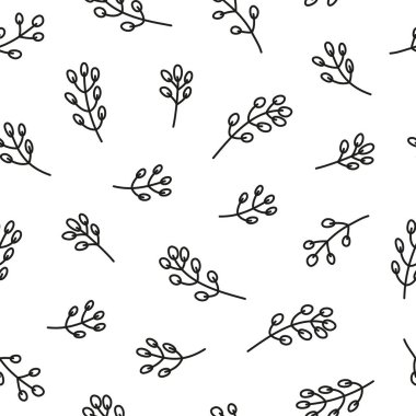 Black and white seamless pattern with simple doodle outline pussy willow twigs.